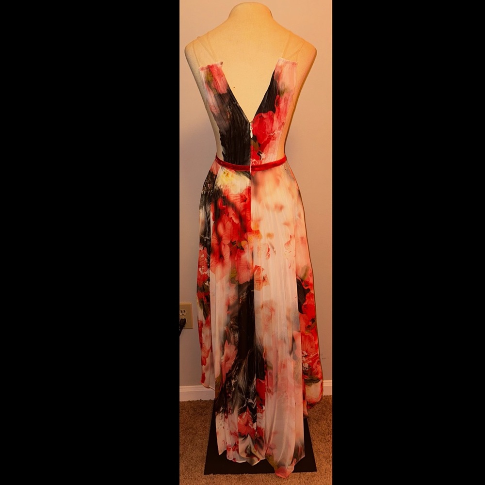 Bebe High Low Chiffon Pleated Maxi Dress Floral Illusion Sheer Dress 4 NWT - Picture 3 of 16